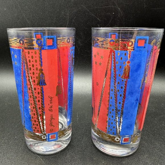 Georges Briard Glasses Gold Barware Tall Highball Patriotic Red Blue MCM Eagle - Picture 12 of 15